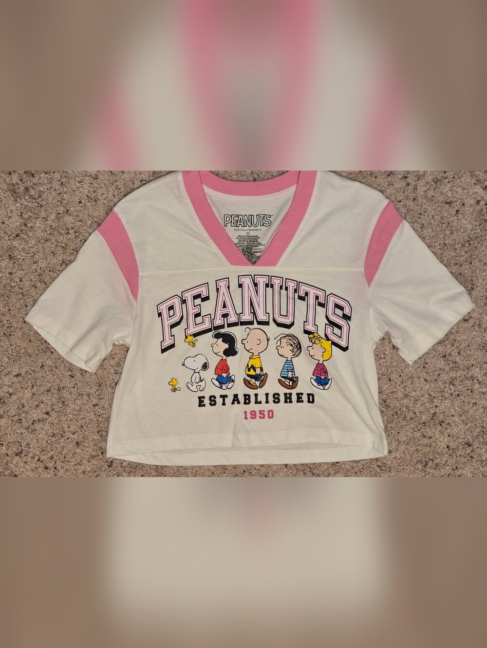 Peanuts Snoopy Graphic Crop Jersey Tee Pink White XS
